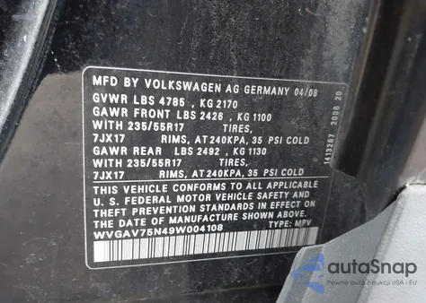 2009 Volkswagen Tiguan S/Se/Sel z USA, uszkodzony, nr VIN WVGAV75N49W004108